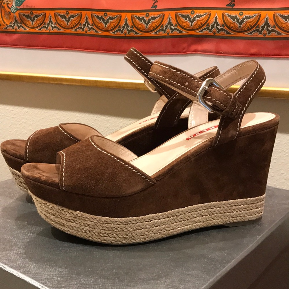 Brown suede Prada platform wedge sandals, size 38
